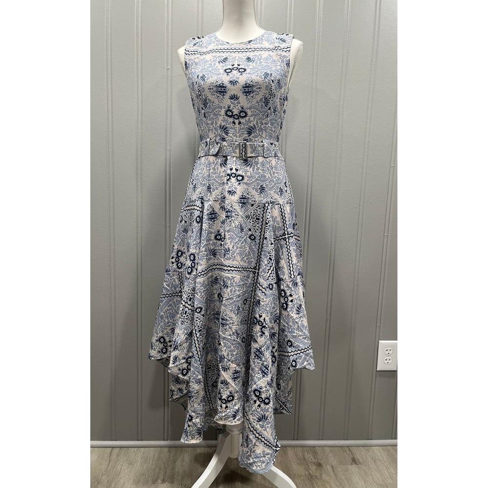 Blue White Boho Floral Belted High Low Midi Dress Women's Sleeveless‎